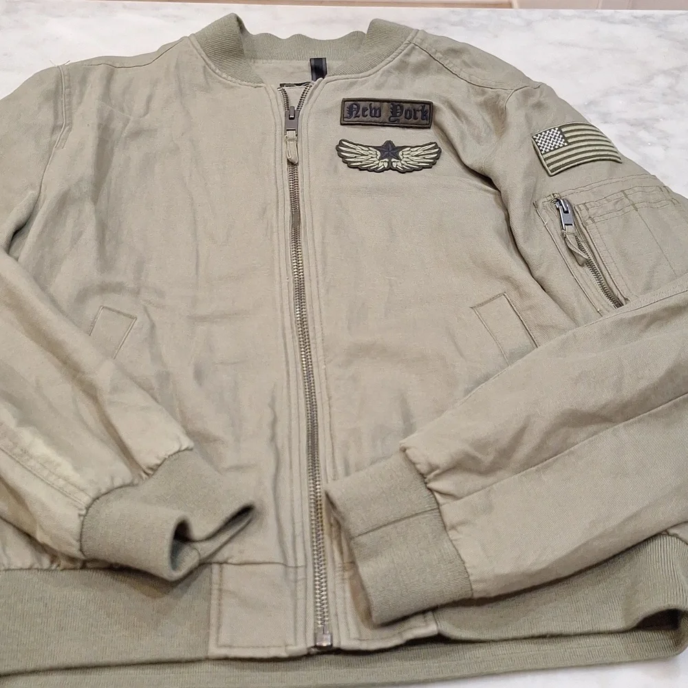 Express Mens‎ Bomber Jacket Olive Green Military Vibe New York Linen Blend AS IS